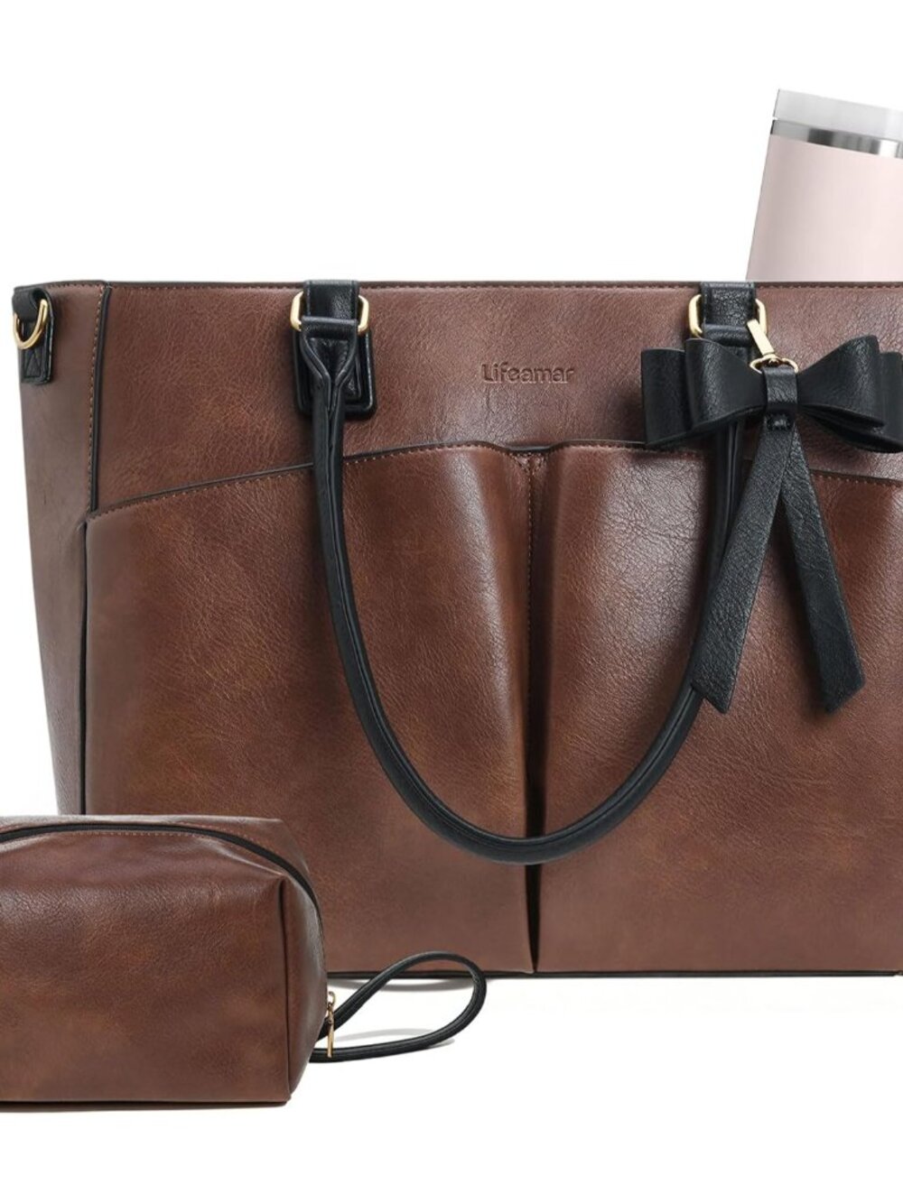 Laptop Tote Bag for Women, Leather Work Tote Bags with Large Cup Holder, Teacher